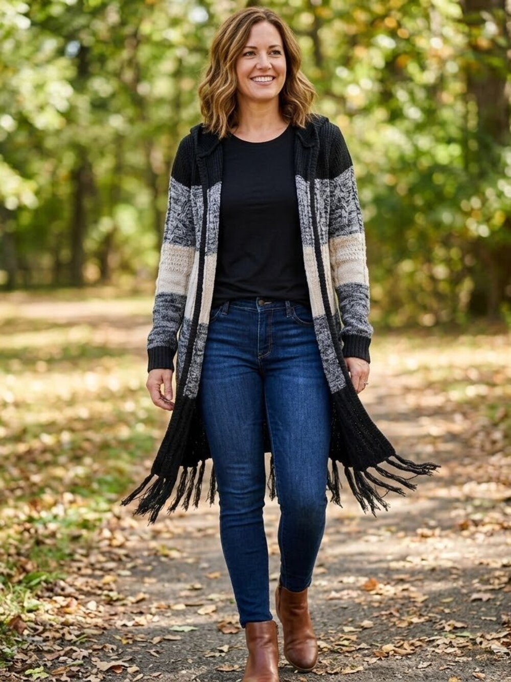 Open-Front Fringe Knit Sweater Cardigan - Black, Gray & Cream